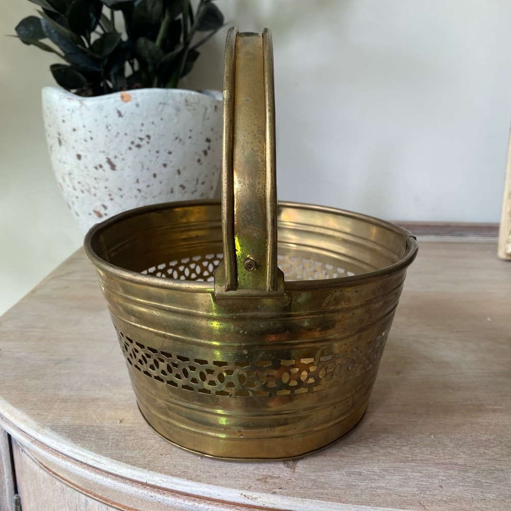 Vintage Brass Planter Basket with Handle